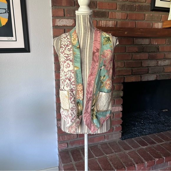 VTG Rag Retro Mixed Media Floral Print Open Vest OS - Picture 1 of 10